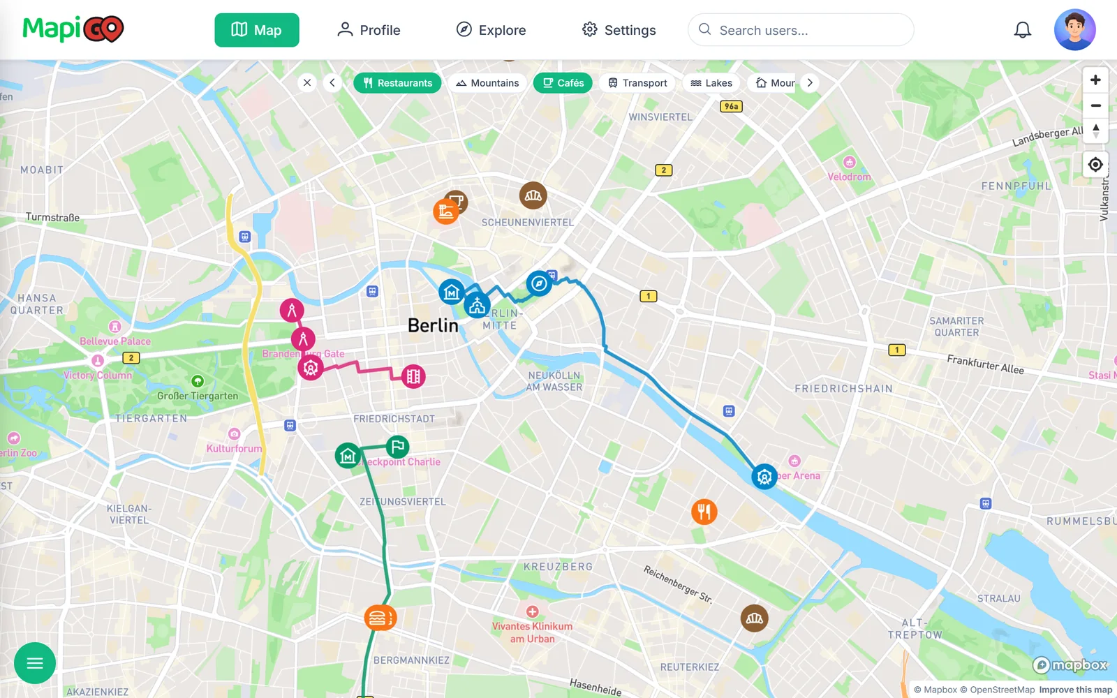 Mapa Berlina z filtrem restauracji i kawiarni oraz trasami