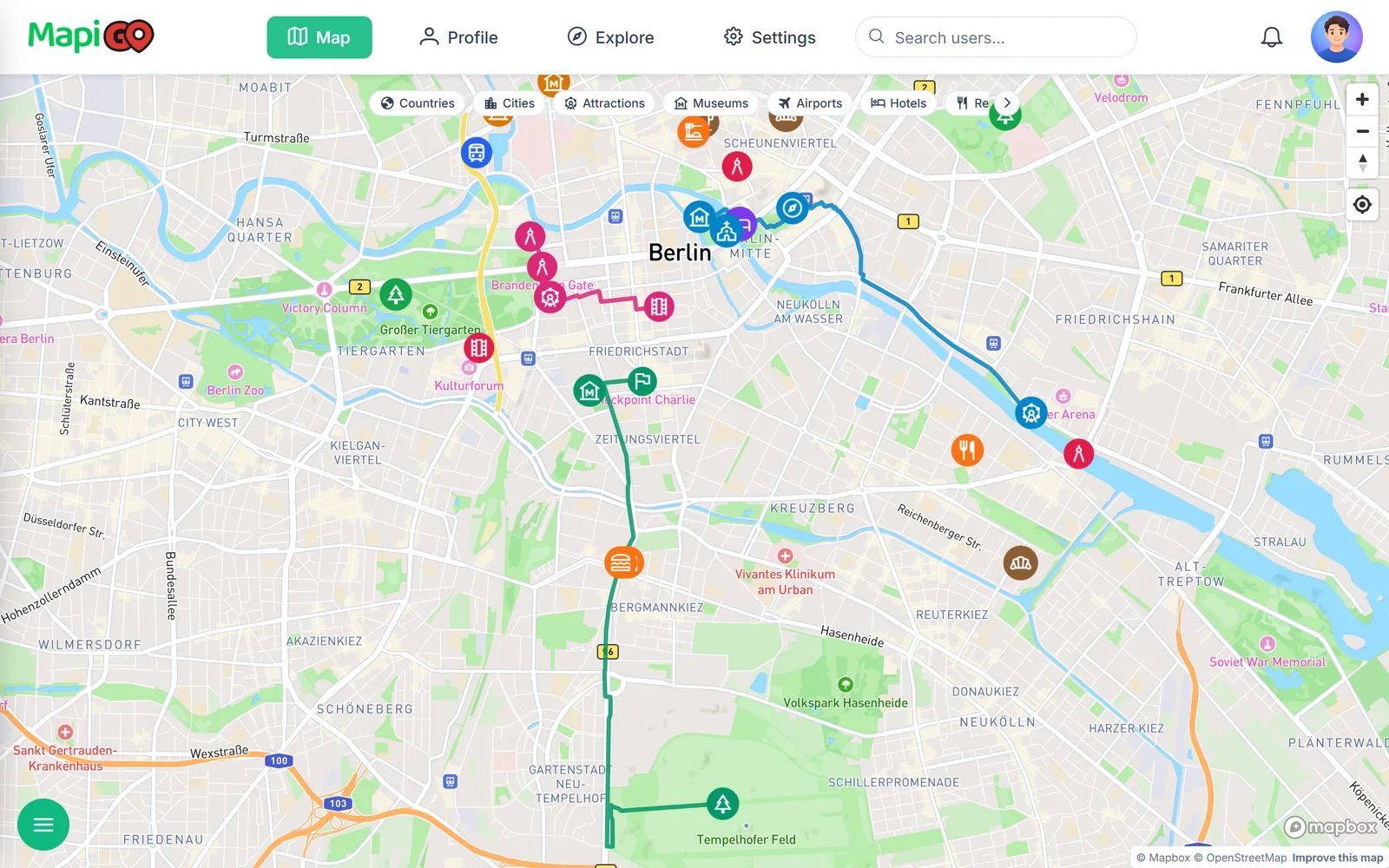 Mapa miasta z trzema sekwencjami trasy