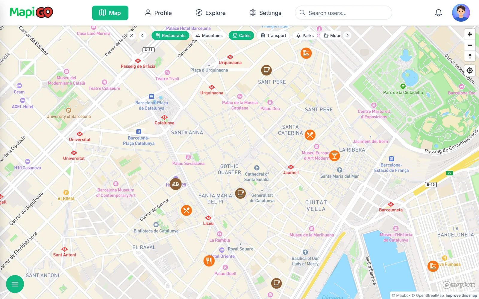 City map with markers assigned to categories