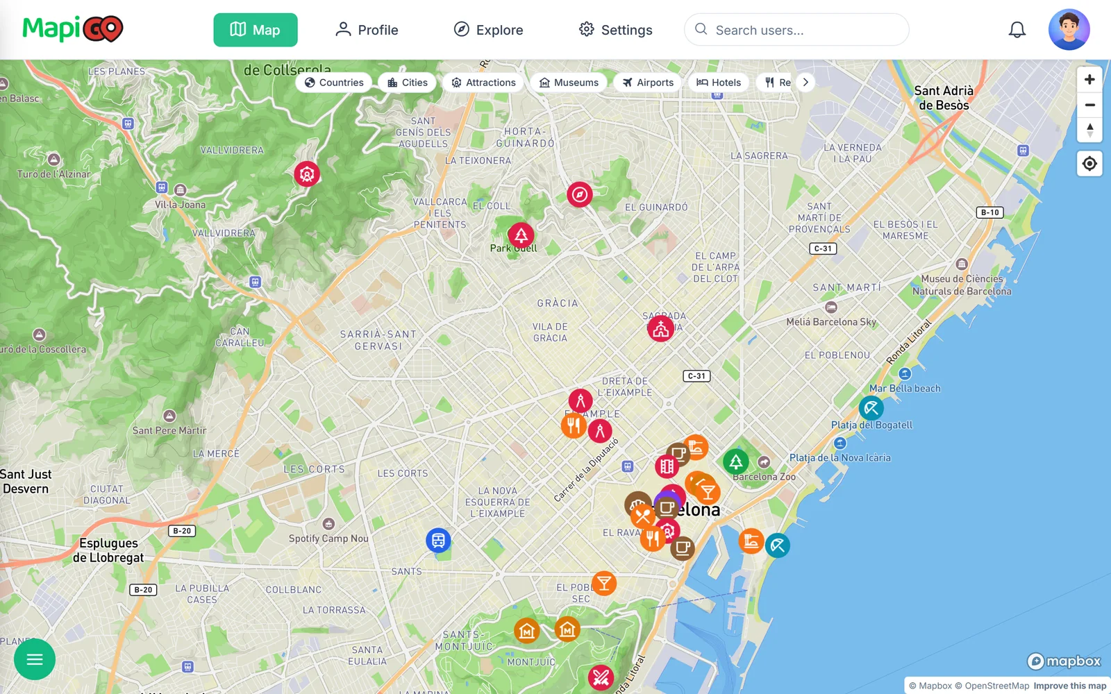 Mapa miasta z punktami pogrupowanymi według planu zwiedzania