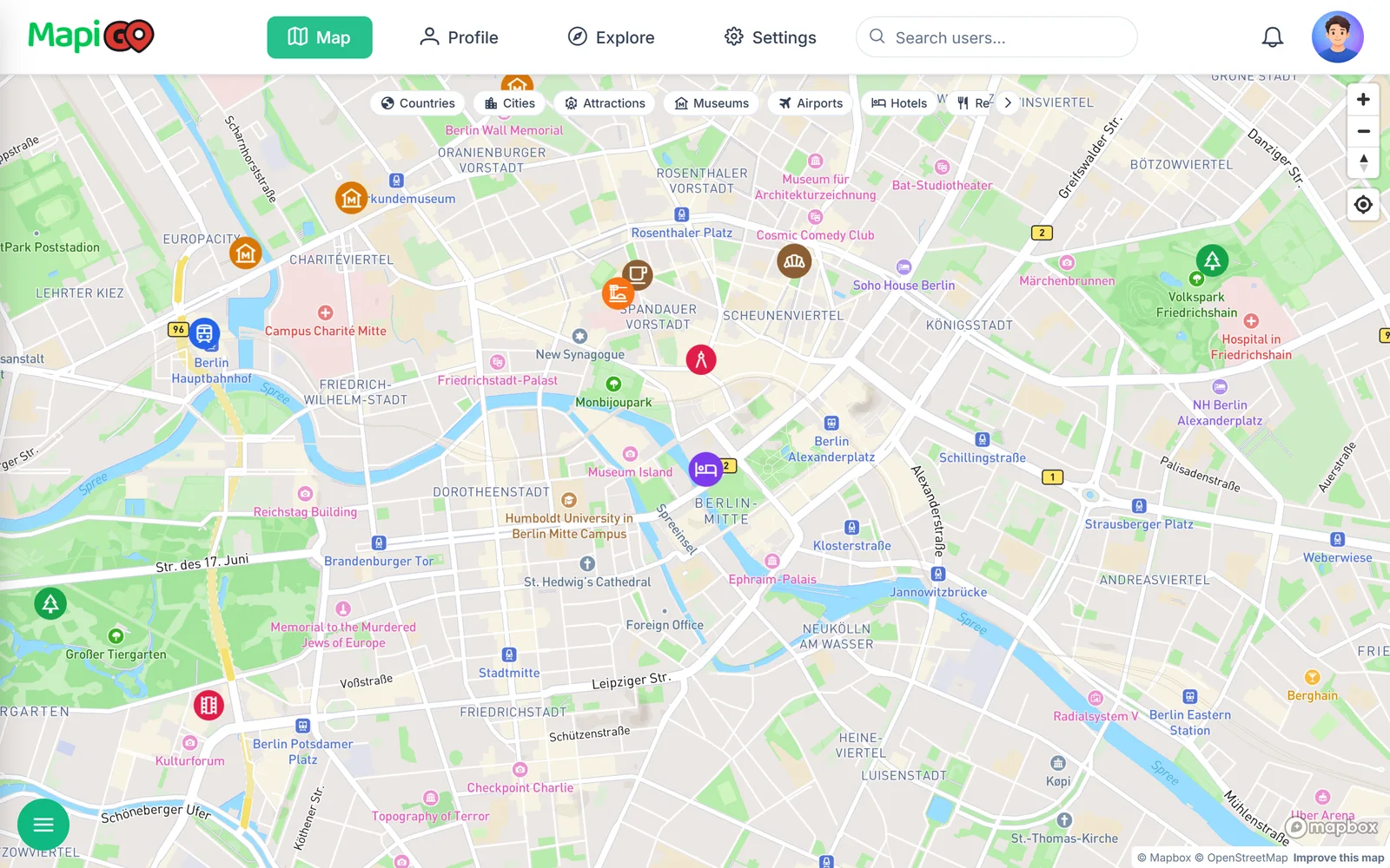 Mapa z markerami oznaczonymi kolorami