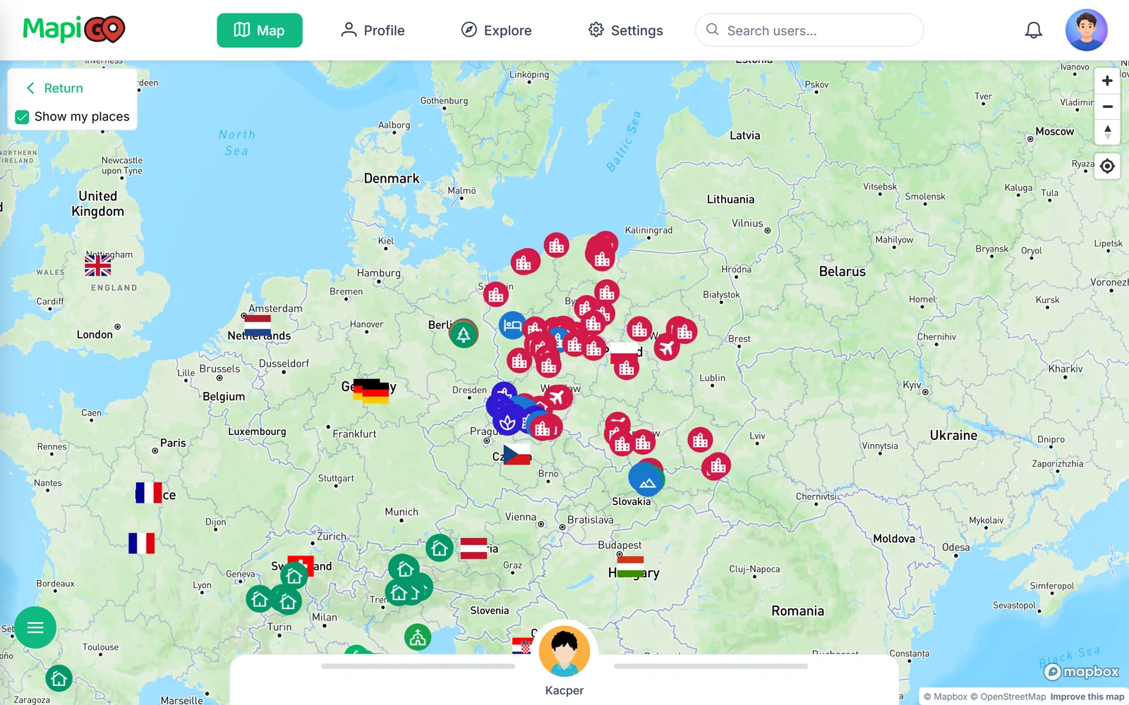 Map view with places saved by friends