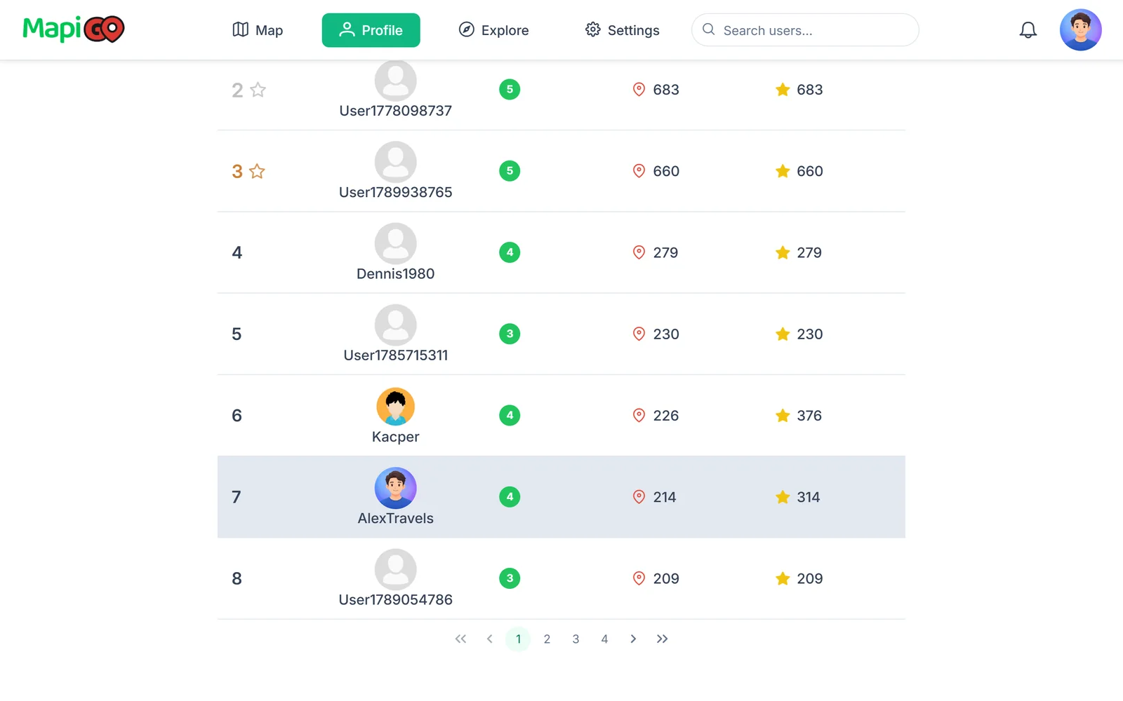 User ranking section in the app