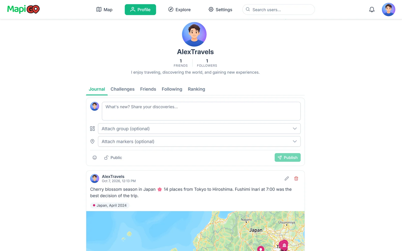 User profile with marker count and followers