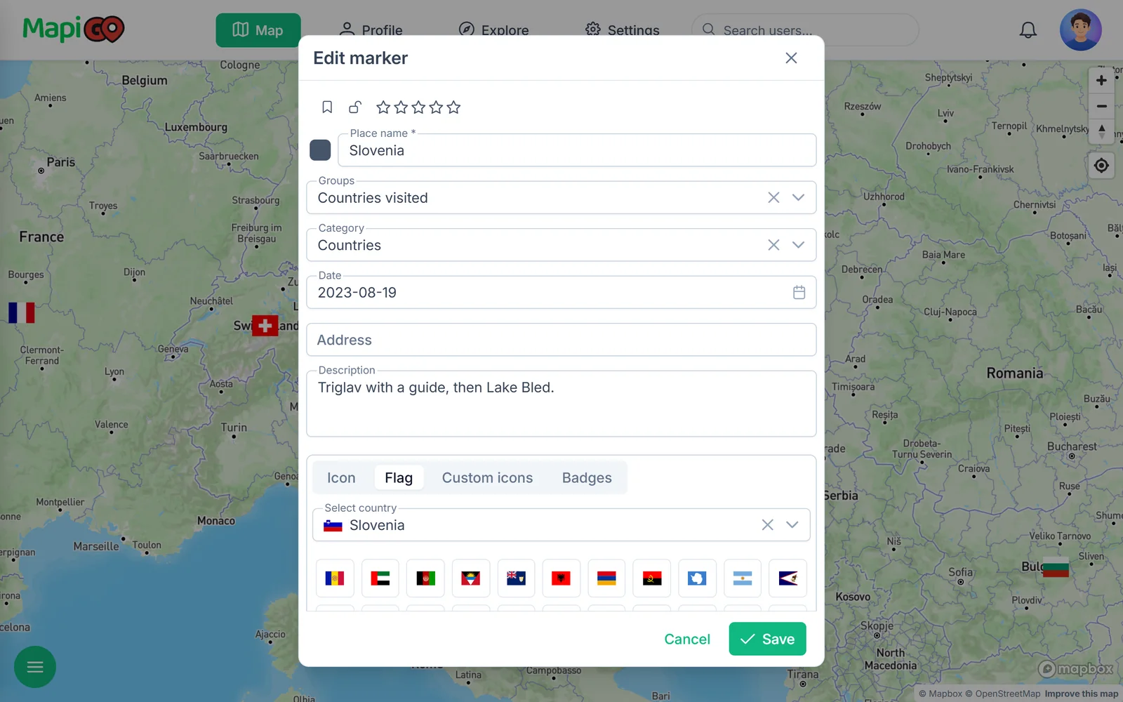 Edycja markera Słowenii z flagą, datą pierwszej wizyty i notatką