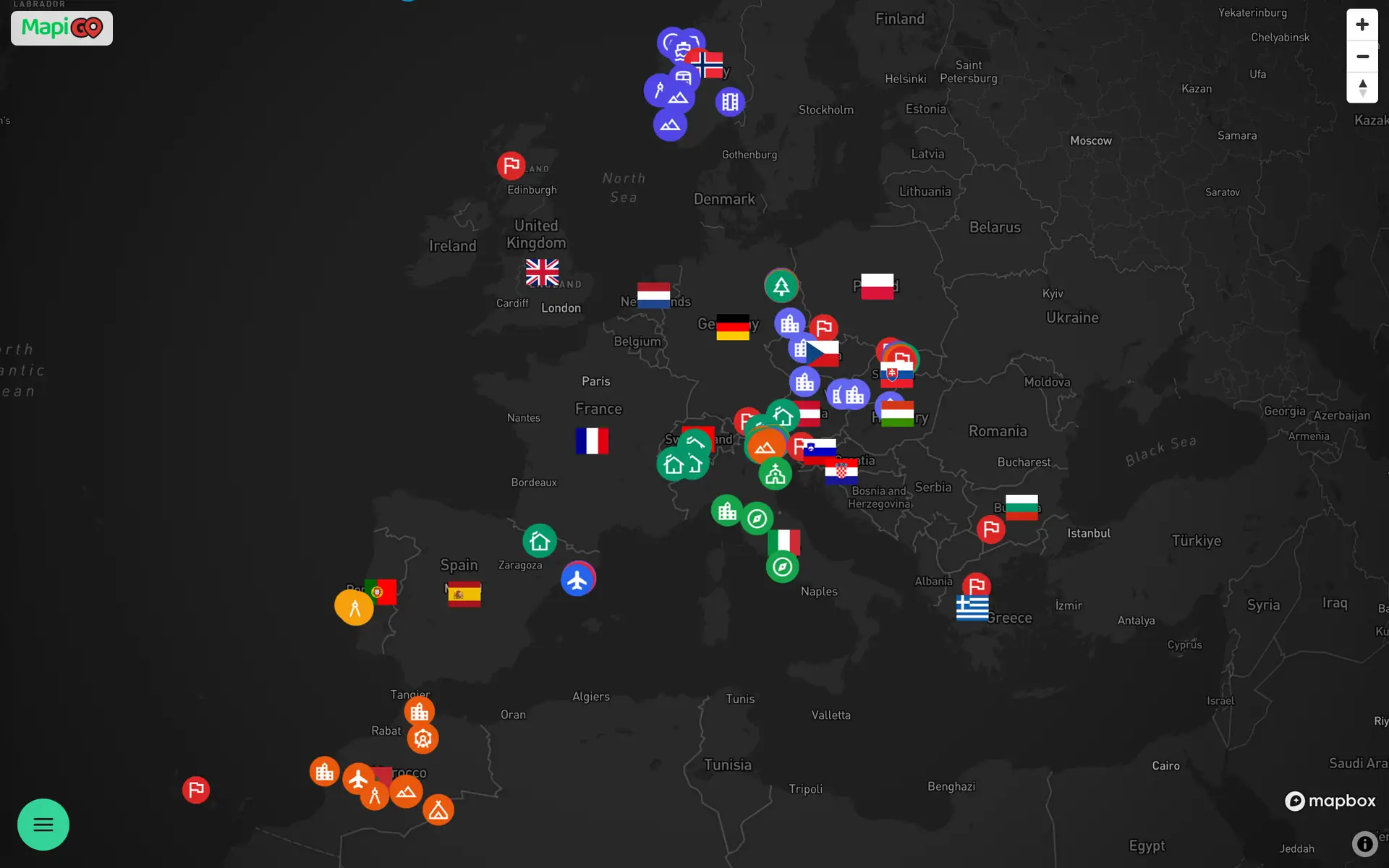 Osadzona mapa podróży w ciemnym stylu z markerami w Europie