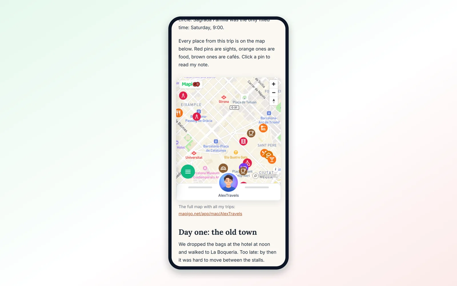 Wpis z osadzoną mapą na ekranie telefonu