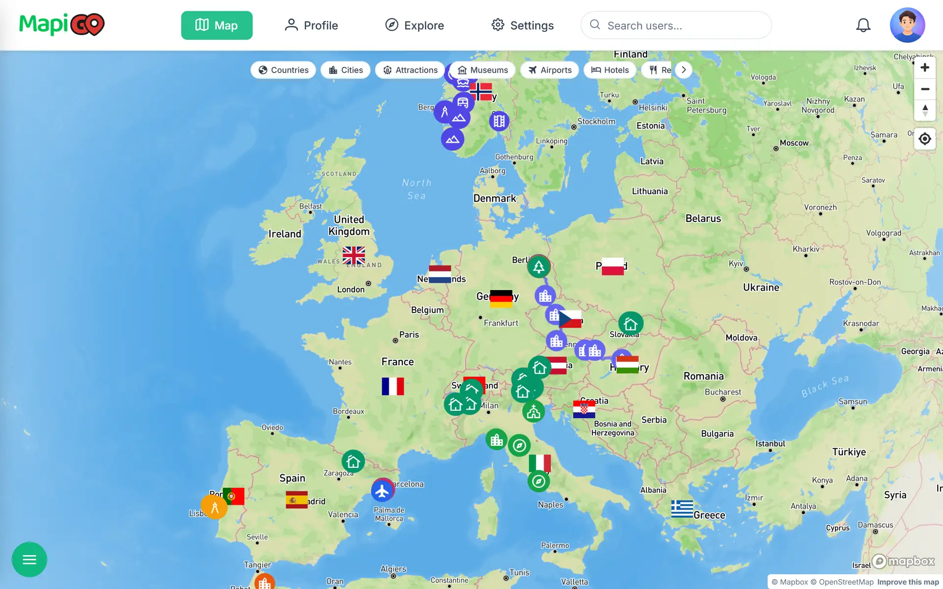 Travel map organized with groups and categories