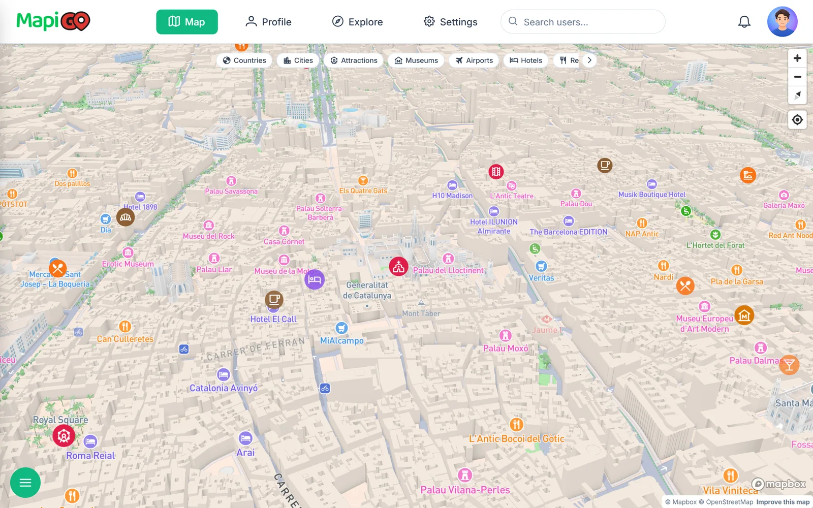 Mapa z markerami o różnych ikonach i kolorach