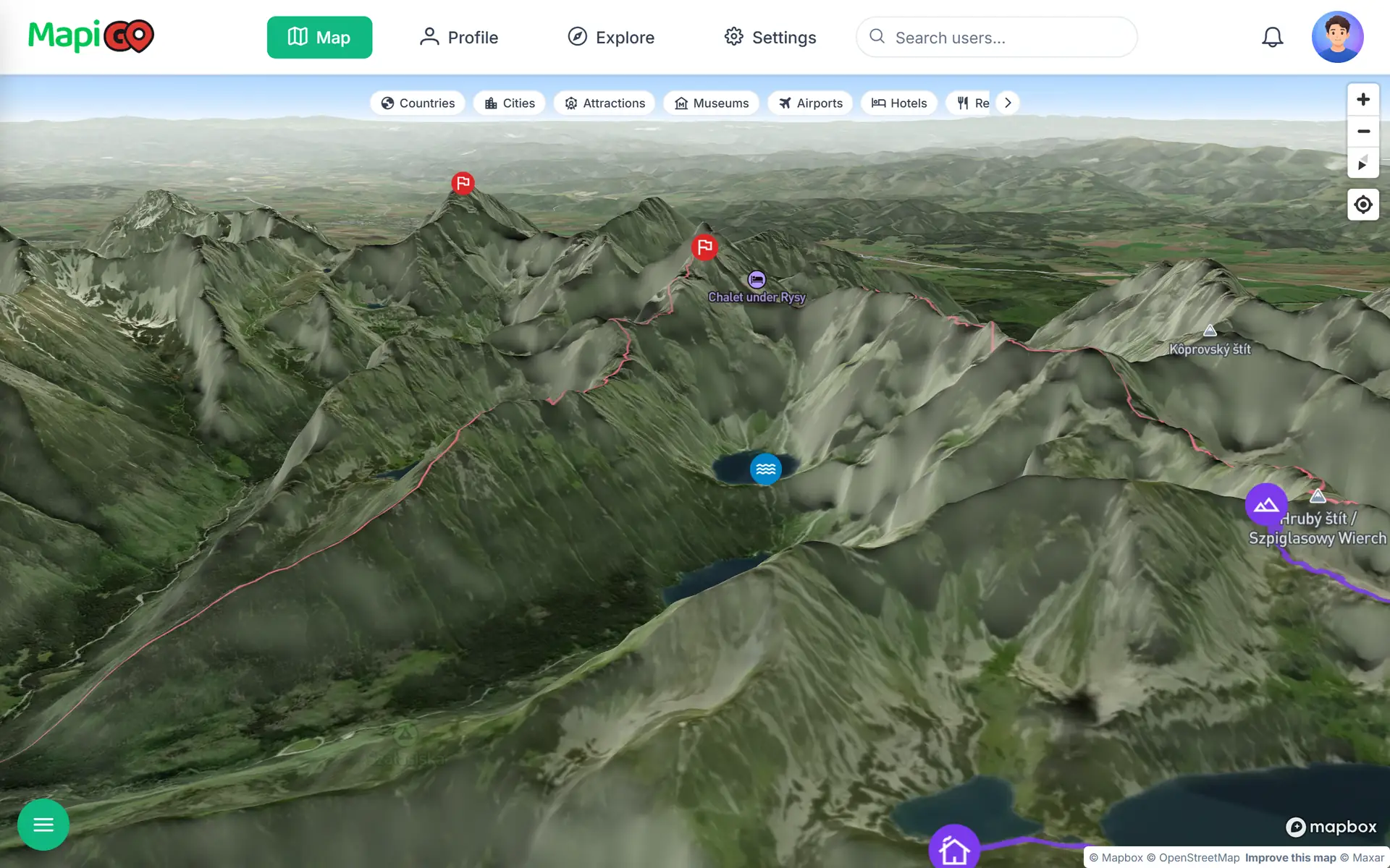 Satellite 3D map of the Tatras with marked summits and a trail
