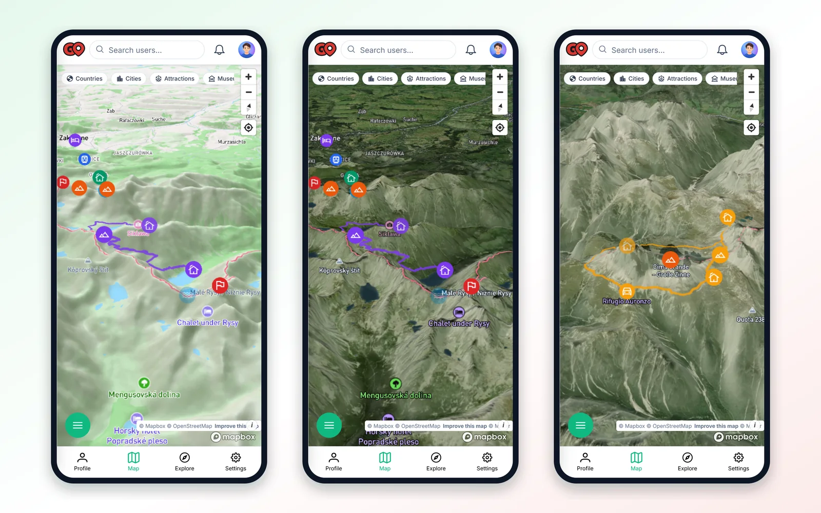 3D map of the Tatras on a phone in standard and satellite views