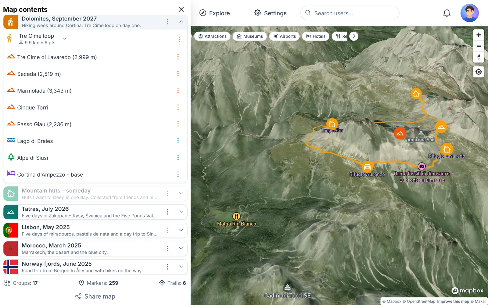 Dolomites trip plan with the Tre Cime loop on a Satellite 3D map