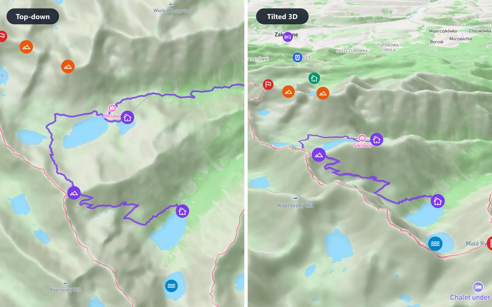 The same part of the Tatras on a flat map and in 3D