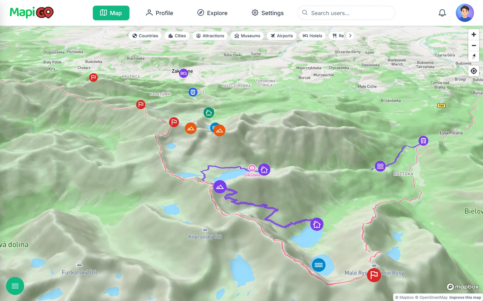 The Tatras in Standard 3D with summits and a trail