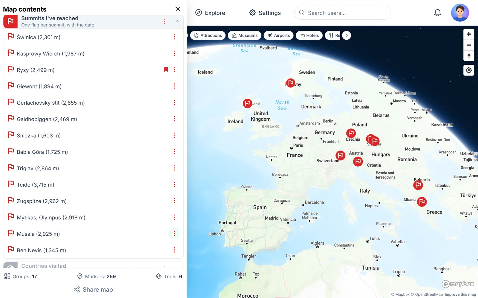Group of summits reached, shown as flags on a map of Europe