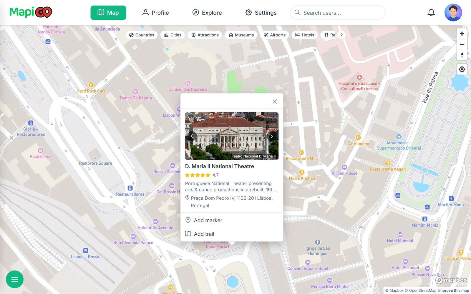 Preview of Lisbon’s National Theatre with Google data and the Add marker button