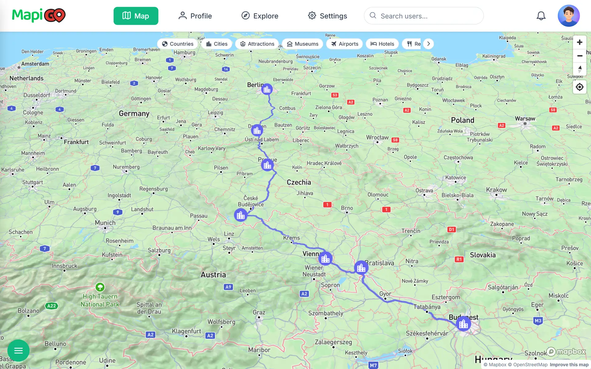 Trasa samochodowa z Berlina do Budapesztu na mapie Europy Środkowej