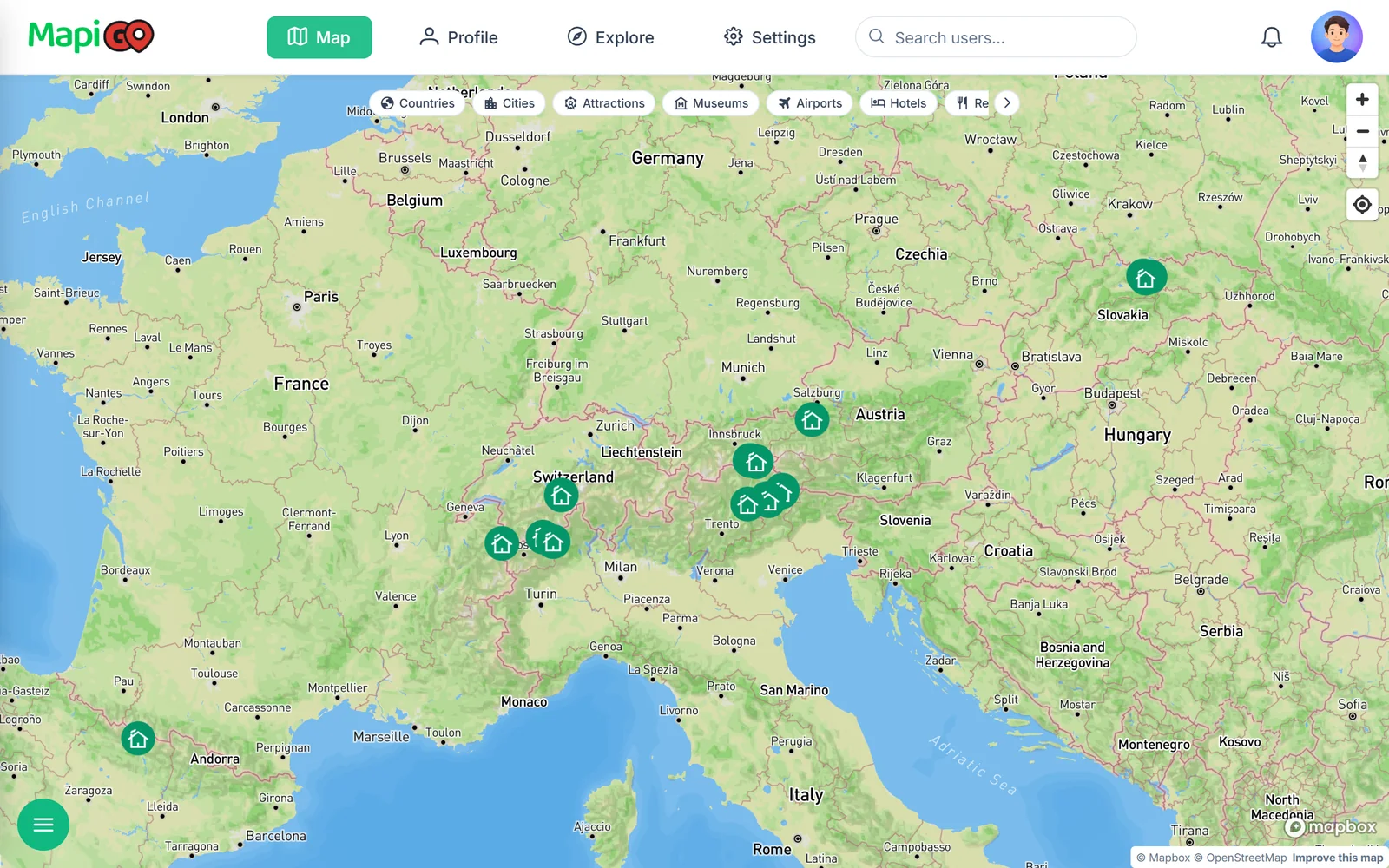 Thematic Europe map with one selected place type